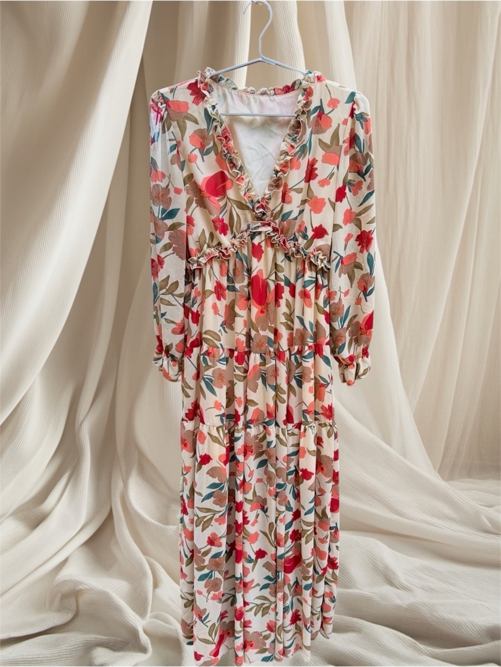 Temu Fall Floral Leaf Ruffle Collar Maxi Dress Size Medium